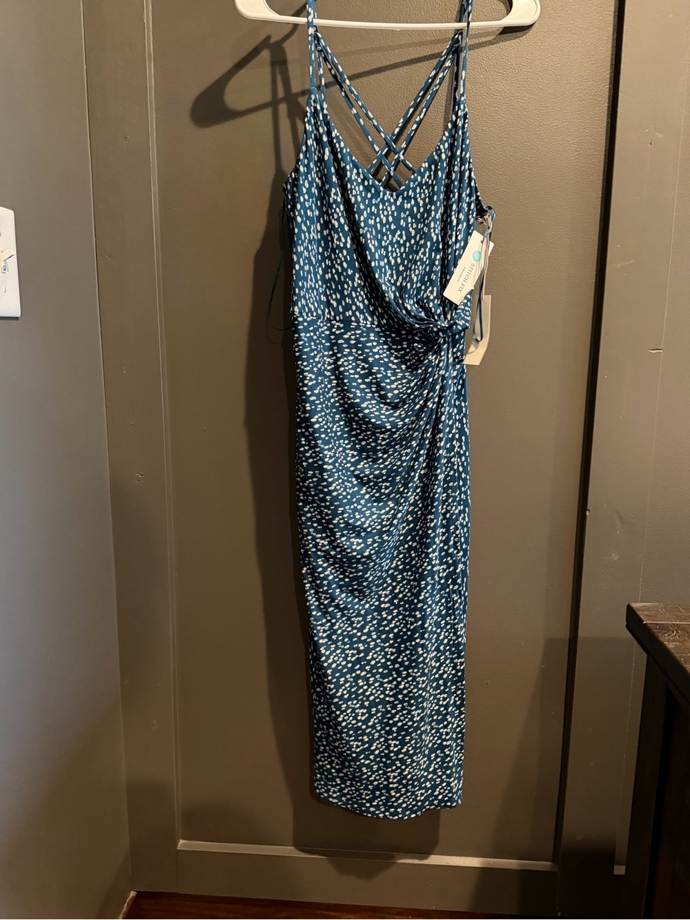 nine britton Teal Blue Spotted Midi Dress with Crisscross Straps